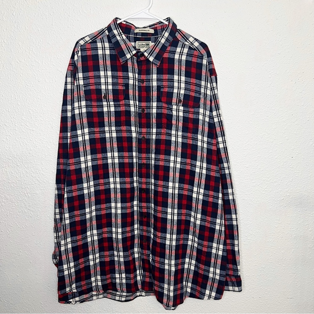 L.L. Bean Button Down Up Flannel Plaid Red Blue Shirt Casual Cotton Long Sleeve